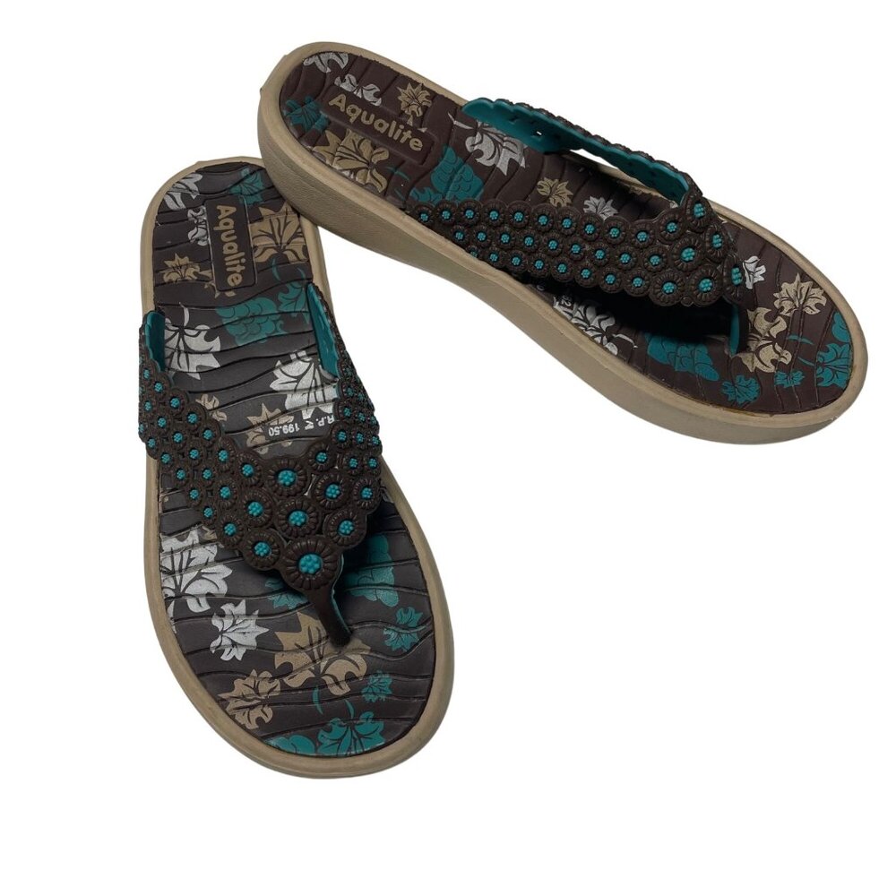 Womens Size 6 Flip Flops -Brown & Teal Aqualite Flip With Floral Print Embellish